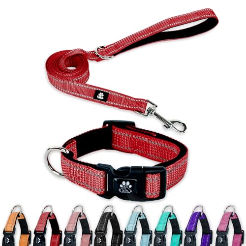 FURRYFECTION Reflektierendes Hundehalsband und Leine, Set mit Schnellverschluss-Schnalle, gepolstert mit Neopren, verstellbares Nylon-Hundehalsband für kleine, mittelgroße und große Hunde (XS Halsband von FURRYFECTION