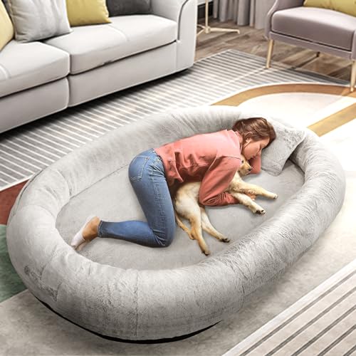 Hundebett für Menschen, 180x114x35,6cm großes Hundebett in Menschengröße für Erwachsene und Haustiere, waschbarer Kunstfellbezug, riesiges Nickerchenbett mit Decke und Kissen von FURRYFECTION
