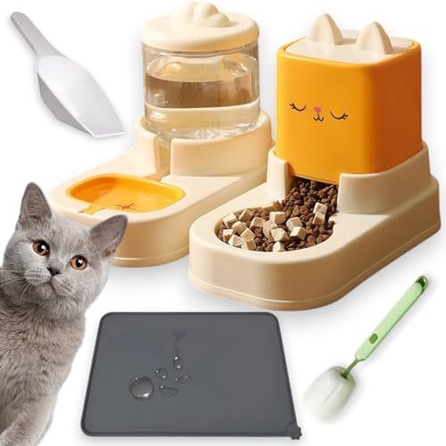 Katzenfutter- und Wasserspender-Set, 1800 ml Wasserspender, 2200 ml Futterspender (Orange) von FURRYORA