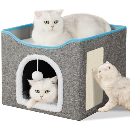 FURRYPAWS Faltbares Katzenhaus Höhlenbett mit Kratzbrett & flauschigem Ball, Indoor-Katzen-Iglu-Bett für mehrere kleine Haustiere, 41 x 41 x 34 cm, grau, haustiersicher, langlebig und einfach zu von FURRYPAWS