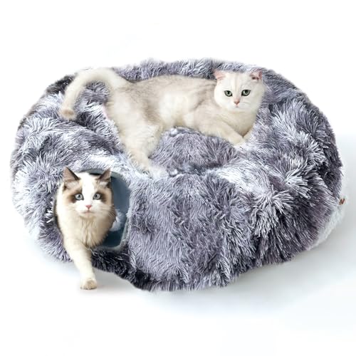 FURRYPAWS Katzentunnelbett Indoor Premium Donut Katzenhöhle Bett mit waschbarem Plüschkissen, Faltbarer Haustierspieltunnel für Kätzchen/Kaninchen, Warmes Winterhaustiernest mit Blicklöchern von FURRYPAWS