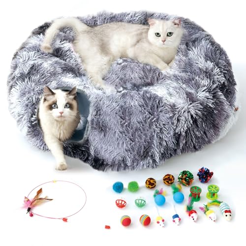 FURRYPAWS Katzentunnelbett mit 20 Spielzeugen, multifunktionaler Donut-Katzen-Spieltunnel, faltbar, Plüsch, Haustierhöhle, Versteck mit Blicklöchern und Ball, für Kätzchen, Kaninchen, Meerschweinchen von FURRYPAWS