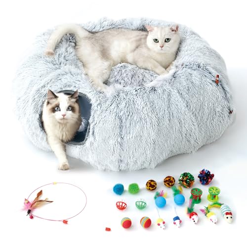 FURRYPAWS Katzentunnelbett mit 20 Spielzeugen, multifunktionaler Donut-Katzen-Spieltunnel, faltbar, Plüsch, Haustierhöhle, Versteck mit Blicklöchern und Ball, für Kätzchen, Kaninchen, Meerschweinchen von FURRYPAWS
