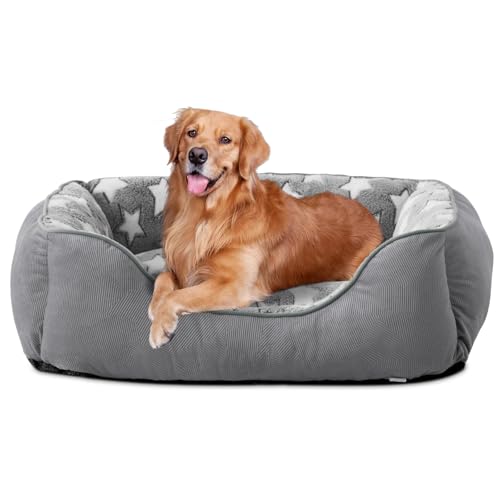 FURTIME Hundebett Grosse Hunde Hundekorb Waschbar Hundekörbchen rutschfeste Hundebetten Flauschig Hundematratze mit Erhöhte Ränder Weiches Hundesofa für Hunde Katze XL(89x63x23cm) Grau/Sterne von FURTIME