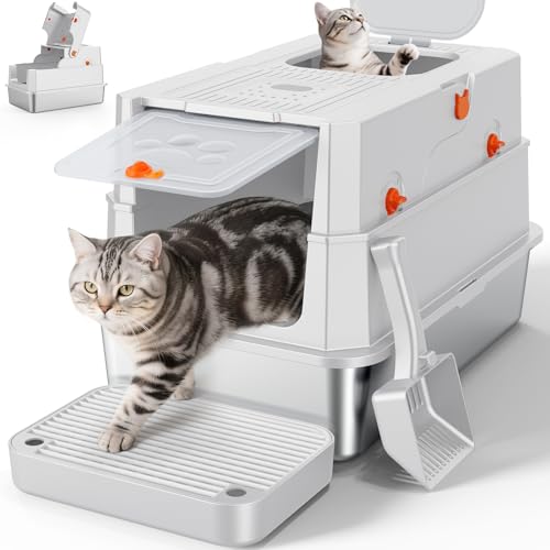 FURTIME Katzentoilette aus Edelstahl mit Deckel, XL, extra groß, geschlossene Katzentoilette für große Katzen, Metall-Katzenbox mit hochseitigem Gehäuse & Schaufel, Eingang vorne und oben, geruchsfrei von FURTIME