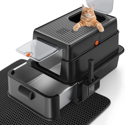 FURTIME Katzentoilette aus Edelstahl mit Deckel, XL Extra große Katzentoilette für große Katzen, geschlossene Schublade, Metalltoiletten mit hochseitigem Gehäuse und Matte, Eingang vorne und oben FURTIME Katzentoilette aus Edelstahl mit Deckel, XL Extra große Katzentoilette für große Katzen, geschlossene Schublade, Metalltoiletten mit hochseitigem Gehäuse und Matte, Eingang vorne und oben von FURTIME