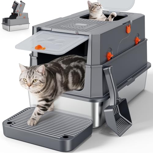 FURTIME Katzentoilette aus Edelstahl mit Deckel, XL Extra große geschlossene Katzentoilette für große Katzen, Metall-Katzenbox mit hochseitigem Gehäuse & Schaufel, Eingang vorne und oben, geruchsfrei von FURTIME