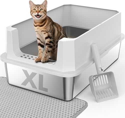 FURTIME Katzentoilette aus Edelstahl mit Deckel, XL Metall Katzentoilette für große Katze, extra große Box hochseitig mit Antihaftbeschichtung, geruchsresistent, Anti-Urinleckage, einfache Reinigung von FURTIME
