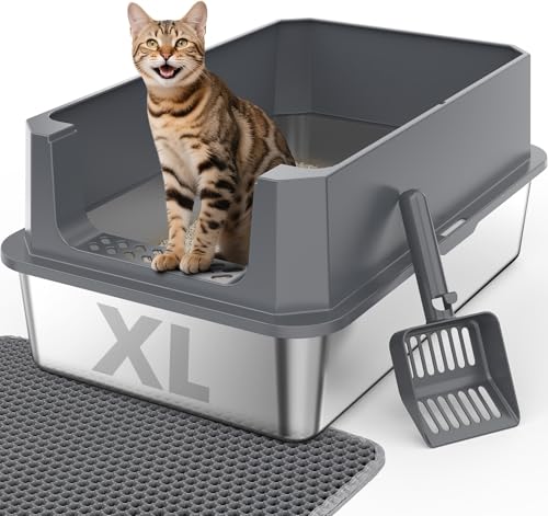 FURTIME Katzentoilette aus Edelstahl mit Deckel, XL Metall Katzentoilette für große Katze, extra große Box hochseitig mit Antihaftbeschichtung, geruchsresistent, Anti-Urinleckage, einfache Reinigung von FURTIME