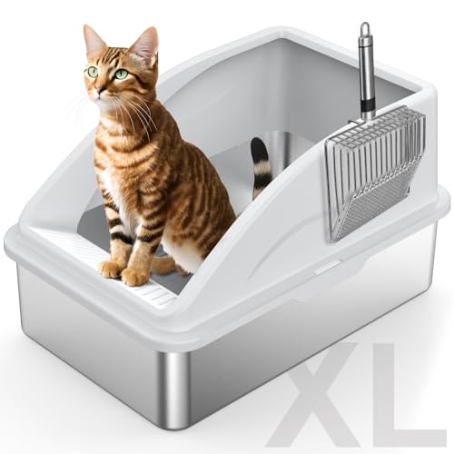 FURTIME Katzentoilette aus Edelstahl mit Deckel, XL Metall Katzentoilette für große Katzen, extra große Katzentoilette hochseitig, antihaftbeschichtet, leicht zu reinigen, Anti-Urinleckage, inklusive von FURTIME