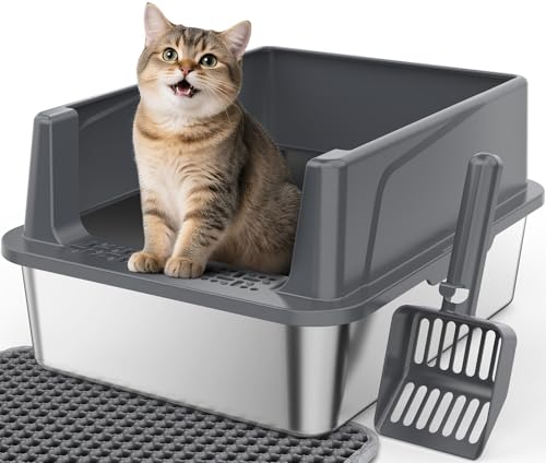FURTIME Katzentoilette aus Edelstahl mit Deckel - Hochseitige Metall Katzentoilette für kleine Katzen, Kitty Katzentoilette Antihaft, Geruchsresistent, Anti-Urinleckage, Leicht zu reinigen, Inklusive von FURTIME
