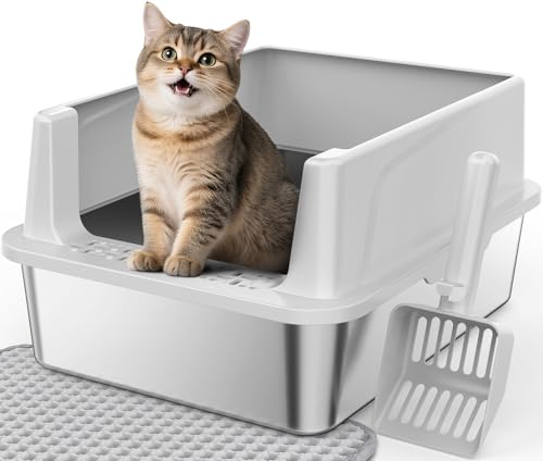 FURTIME Katzentoilette aus Edelstahl mit Deckel - Hochseitige Metall Katzentoilette für kleine Katzen, Kitty Katzentoilette Antihaft, Geruchsresistent, Anti-Urinleckage, Leicht zu reinigen, Inklusive von FURTIME