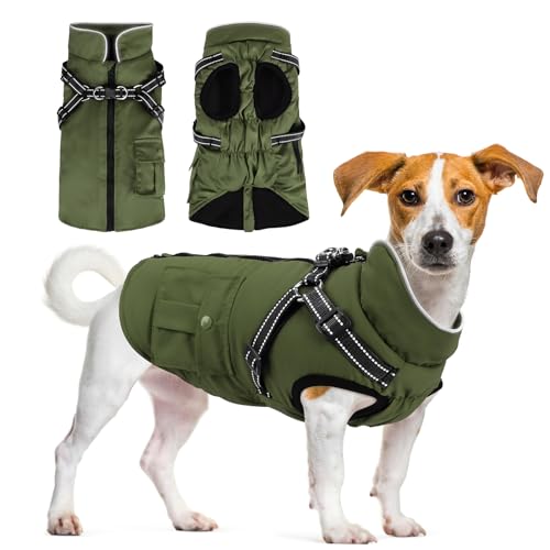 Hunde-Wintermantel mit Geschirr, wasserdichte Hundejacke mit Reißverschluss und Fleece, warmer Hundemantel mit reflektierendem für kleine, mittelgroße Hunde (Armeegrün) von FURTIME