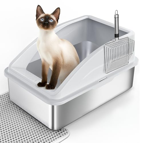 Katzentoilette Edelstahl, Katzenklo Offene XXL mit Metall Schaufel, Doppelschicht Matte, Hohem Rand, Cat Litter Box Groß für Große Katzen, Auslaufsicher & Leicht zu Reinigen von FURTIME