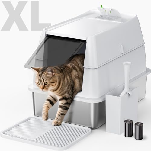 Katzenklo Edelstahl mit Deckel, XL Extra Großes Katzentoilette Edelstahl Reinigen und Geruchsresistent, Geschlossene Katzenkiste mit Schaufel und Mülleimer, Geeignet für große Katzen/mehrere Katzen von FURTIME