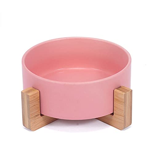 Futterautomat für Katzen und Hunde Graue Keramikkatze Hundeschüssel Haustier Teller mit Holzständer Nein Spill Pet Water Feeder Katzen Kleine Hunde Trinkbrunnen für Katzen und Hunde (Color : Pink) von FURUIWUFENG