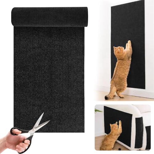 Kratzmatte Katze Selbstklebend, 200×30 cm Kratzteppich Katze Verdickte Katzen Kratzmatte Wand DIY Trimmbarer Katzenteppich Katzenkratzmatten für Kratzwand Sofa Möbel (Schwarz) von FUSHENGCHUANG