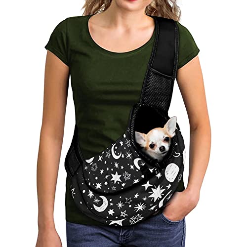 FUSURIRE Moon Star Bedruckte Haustier-Tragetasche, für kleine Hunde und Katzen, Schwarz Weiß Welpen-Tragetasche mit verstellbarem Riemen, Netz-Outdoor-Hundetragetasche, Vorderpack von FUSURIRE