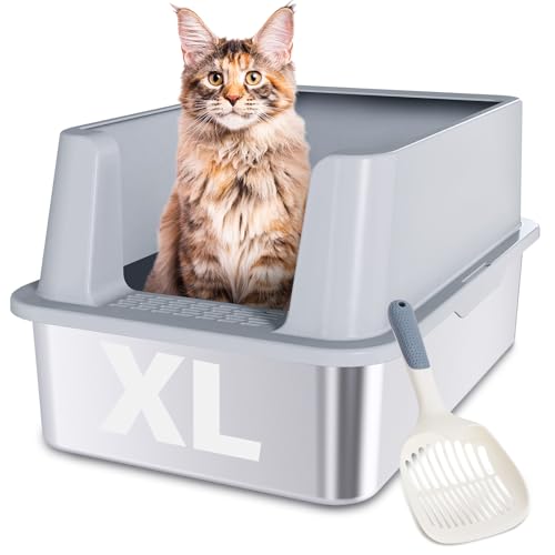 FUTAM Edelstahl Katzentoilette mit Deckel, XL Metall Katzentoilette mit Schaufel, Anti-Urin-Leckage Katzentoilette Hohe Seiten für Big Kitty, Mehrere Katzen, nimmt nie Gerüche auf, Antihaft von FUTAM