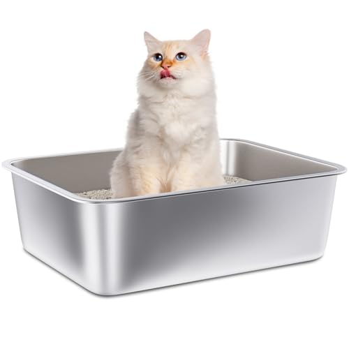 FUTAM Katzentoilette aus Edelstahl, 45 x 35,1 x 15,2 cm, mittlere bis große Metalltoilette für Kätzchen/Katze/Kaninchen, leicht zu reinigen, antihaftbeschichtet, kein Geruch, für erwachsene Katzen von FUTAM