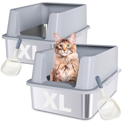 FUTAM Katzentoilette aus Edelstahl, XL, Metall-Katzentoilette mit Deckel, extra große hochseitige Katzentoilette für große Katzen, Anti-Urinleckage, antihaftbeschichtet, inklusive Schaufel (61 x 40,6 von FUTAM