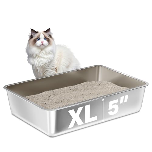 FUTAM Katzentoilette aus Edelstahl, XL-Metall-Katzentoilette, große Metalltoilette für Kätzchen, leicht zu reinigen, antihaftbeschichtet, kein Geruch von FUTAM