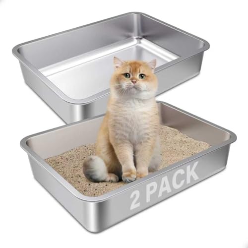 FUTAM Katzentoilette aus Edelstahl, kleine bis mittelgroße Katzentoilette für Kätzchen, 44,5 x 34,3 x 10,2 cm, leicht zu reinigen, antihaftbeschichtet, einfacher Einstieg, kein Geruch von FUTAM
