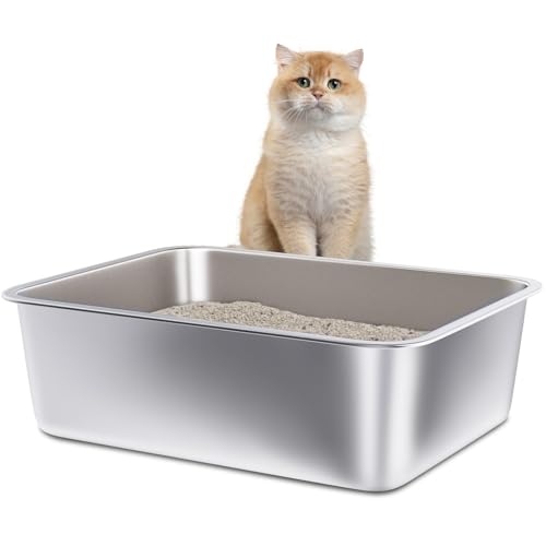 FUTAM Katzentoilette aus Edelstahl, mittelgroß, Metall, leicht zu reinigen, antihaftbeschichtet, einfacher Einstieg, kein Geruch, Metall-Klo für Kätzchen/Kaninchen von FUTAM