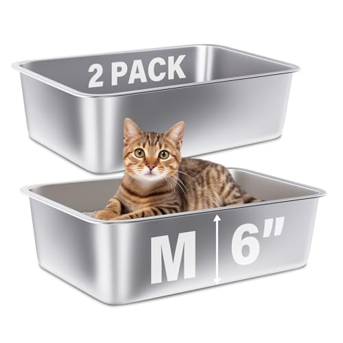 FUTAM Katzentoilette aus Edelstahl, mittelgroß, für Kätzchen/Katze/Kaninchen, leicht zu reinigen, antihaftbeschichtet, kein Geruch, für ausgewachsene Katzen, 2 Stück von FUTAM