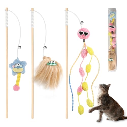FUTURE FOOT Elastischer Katzenstab-Spielzeug, lustig, interaktiv, Plüsch, Katzen-Angelrute, Spielzeug mit Glocke, weiches Naturholz, Kätzchen, Schnurspielzeug für Indoor-Katzen, Kätzchen, gelangweilte von FUTURE FOOT