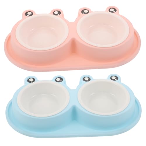 FUTUREORYY 2 Sätze Futternäpfe Katze Doppelnapf Froschform Anti-ameisen Rutschfestes Design mit Kunststoff Schale in Rosa und Hellblau für Freigänger und Streunerkatzen Outdoor und Indoor von FUTUREORYY