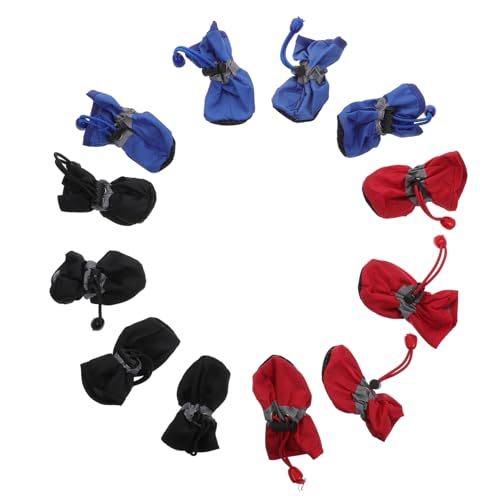 FUTUREORYY 3 Sätze wasserdichte Haustier Regenstiefel aus Nylon und Baumwolle rutschfeste Outdoor Pfotenschuhe mit Verstellbarem Kordelzug Wetterfeste Hundeschuhe in Rot Schwarz und Blau von FUTUREORYY