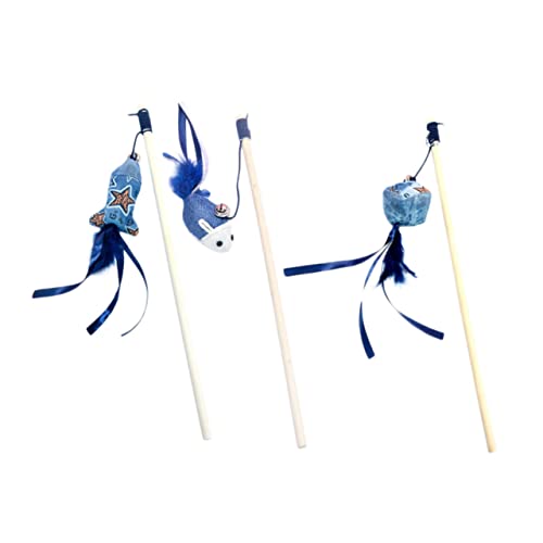 FUTUREORYY 3 Stück Teiliges Katzenspielzeug mit Holzgriff und Blauen Puppenanhängern Interaktiver Katzenfänger mit Fisch Maus Würfelformen Langlebige Spielangel für Aktive Haustiere und von FUTUREORYY