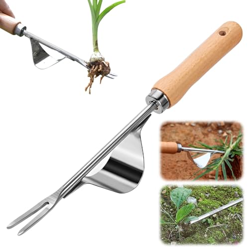 FUXNGZI Unkrautstecher Edelstahl, Manuelles Unkrautjätgerät aus Edelstahl mit Holzgriff, Manueller Weeder Löwenzahnzieher Rasenmäher für den Garten Rasen Hof (1 Stück) von FUXNGZI