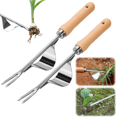 FUXNGZI Unkrautstecher Edelstahl, Manuelles Unkrautjätgerät aus Edelstahl mit Holzgriff, Manueller Weeder Löwenzahnzieher Rasenmäher für den Garten Rasen Hof (2 Stück) von FUXNGZI