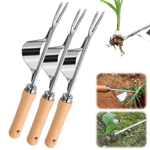 FUXNGZI Unkrautstecher Edelstahl, Manuelles Unkrautjätgerät aus Edelstahl mit Holzgriff, Manueller Weeder Löwenzahnzieher Rasenmäher für den Garten Rasen Hof (3 Stück) von FUXNGZI