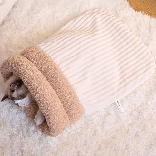 FXKJ Katze Schlafsack, Halbgeschlossenes Haustierschlafbett weicher Plüsch Katzenschlafsack Waschbare Katzenkissensack Tragbares Schlafkissenbett Für Kleine Haustiere,L 8kg,Beige von FXKJ