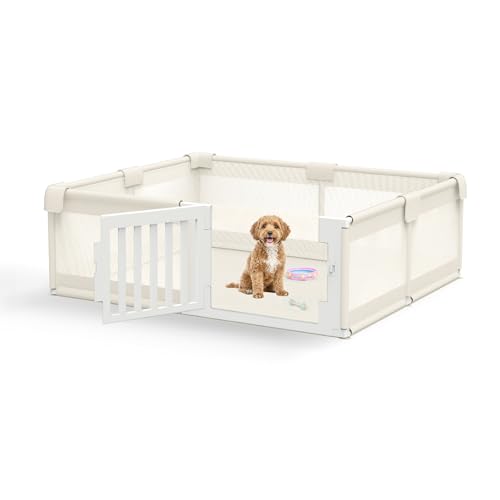 FXW Hunde-Laufstall mit Tür, 180 x 150 x 61 cm, geräumiger sicherer Spielbereich, rutschfestes Design, Hundegehege Indoor mit Boden für Welpen, kleine Hunde, ideal für Welpen-/Töpfchentraining, Beige von FXW