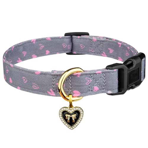 Handgefertigtes Hundehalsband aus Baumwolle, niedliche und unverwechselbare Muster, graues Herz mit Anhänger, für Mädchen, Jungen, Hundehalsband, Größe S von FYEQYAOU