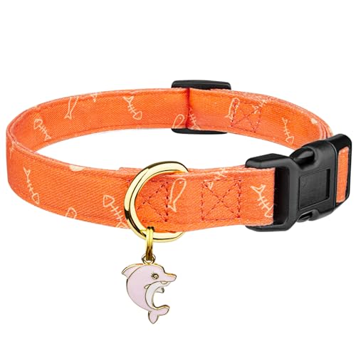 Handgefertigtes Hundehalsband aus Baumwolle, niedliche und unverwechselbare Muster, orangefarbener Fisch mit Anhänger, für Mädchen, Jungen, Hundehalsband, Größe M von FYEQYAOU