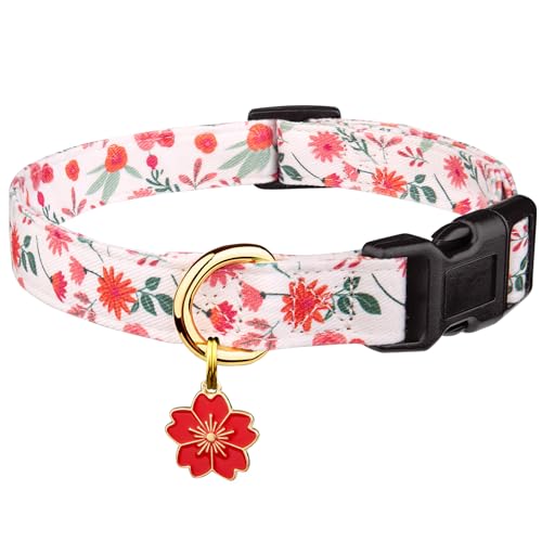 Handgefertigtes Hundehalsband aus Baumwolle, niedliche und unverwechselbare Muster, rote und weiße Blume mit Anhänger, für Mädchen, Jungen, Hundehalsband, Größe S von FYEQYAOU