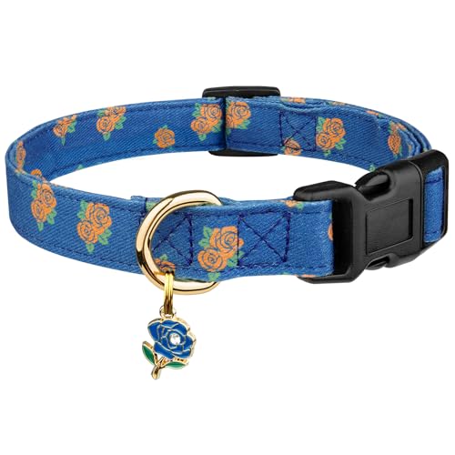 Handgefertigtes Hundehalsband aus Baumwolle mit süßem blauen Rosenmuster und Anhänger, niedliches Halsband, für kleine, mittelgroße und große Hunde, weiblich, Hunde, männliche Hunde, M Handgefertigtes Hundehalsband aus Baumwolle mit süßem blauen Rosenmuster und Anhänger, niedliches Halsband, für kleine, mittelgroße und große Hunde, weiblich, Hunde, männliche Hunde, M von FYEQYAOU