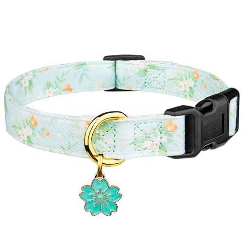 Handgefertigtes Hundehalsband aus Baumwolle mit süßem hellgrünem Blumenmuster mit Anhänger, niedliches Halsband für kleine, mittelgroße und große Hunde, weiblich, Größe S von FYEQYAOU