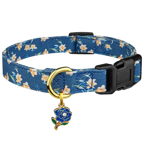 Handgemachtes Hundehalsband aus Baumwolle mit unverwechselbaren schönen Mustern, blaue Tulpe mit Anhänger, niedliche Halsbänder für kleine, mittelgroße und große Hunde, weiblich, Hunde, männliche von FYEQYAOU