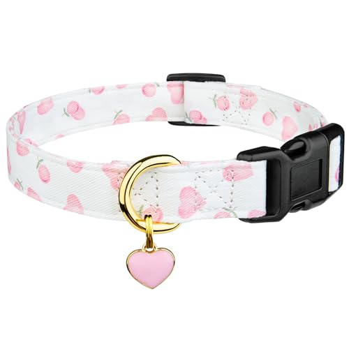 Hundehalsband aus Baumwolle, handgefertigt, niedliche und unverwechselbare Muster, Weiß und Rosa, Liebesherz mit Anhänger, für Mädchen, Jungen, Hundehalsband, Größe L von FYEQYAOU