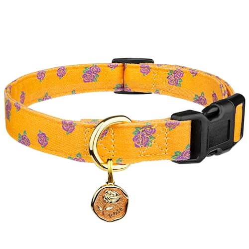 Hundehalsband aus Baumwolle, handgefertigt, niedliche und unverwechselbare Muster, gelbe Rose mit Anhänger, für Mädchen, Jungen, Hundehalsband, Größe S von FYEQYAOU