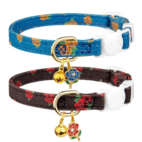 Katzenhalsbänder aus Baumwolle, blauer und schwarzer Rosen-Anhänger, niedliches Katzenhalsband mit Glocke, ideal für Mädchen, Katzen, Kinder und Katzen, 2 Stück von FYEQYAOU