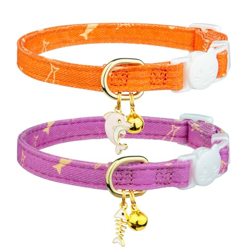 Katzenhalsband, Baumwolle, Fisch-Anhänger, Orange und Lila, niedliches Katzenhalsband mit Glocke, ideal für Mädchen, Katzen, Kinder und Katzen, 2 Stück von FYEQYAOU