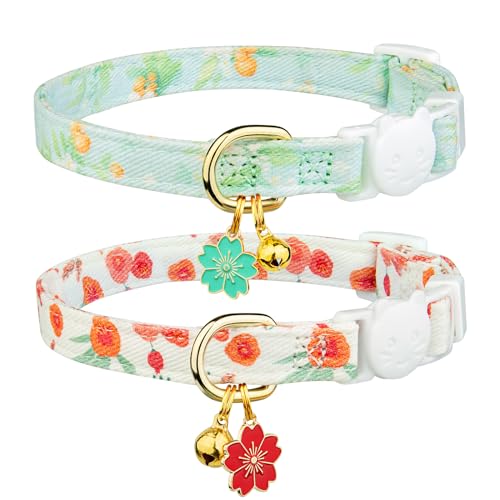 Katzenhalsband, Baumwolle, grün-rote Blume, niedliches Halsband mit Glocke, ideal für Mädchen, Katzen, Jungen und Katzen, 2 Stück von FYEQYAOU