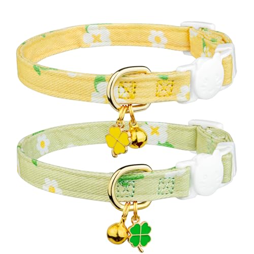 Katzenhalsband, Katzenhalsband aus Baumwolle, Grün und Gelb, niedliches Katzenhalsband mit Glocke, ideal für Mädchen, Katzen, Kinder und Katzen, 2 Stück von FYEQYAOU